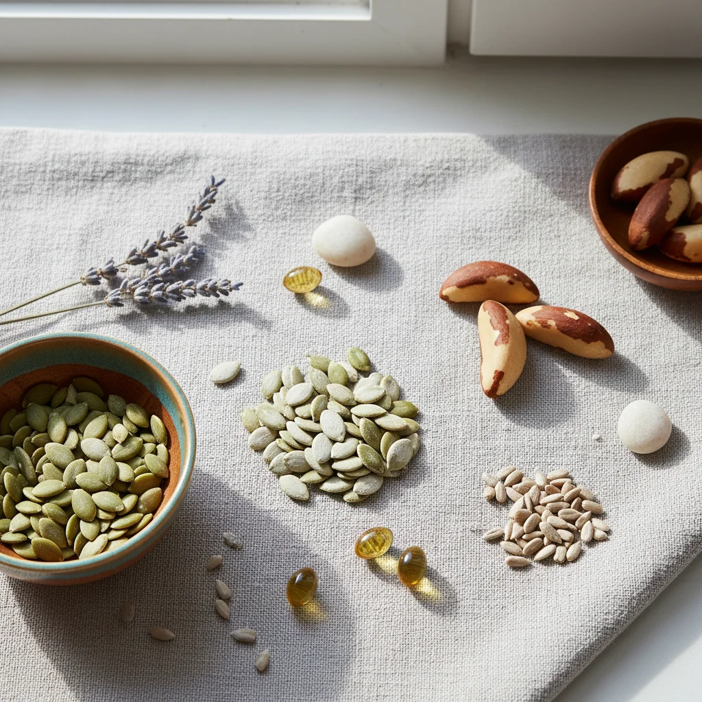 Pumpkin seeds, Brazil nuts and vitamin E capsules - zinc and selenium sources for men's reproductive health
