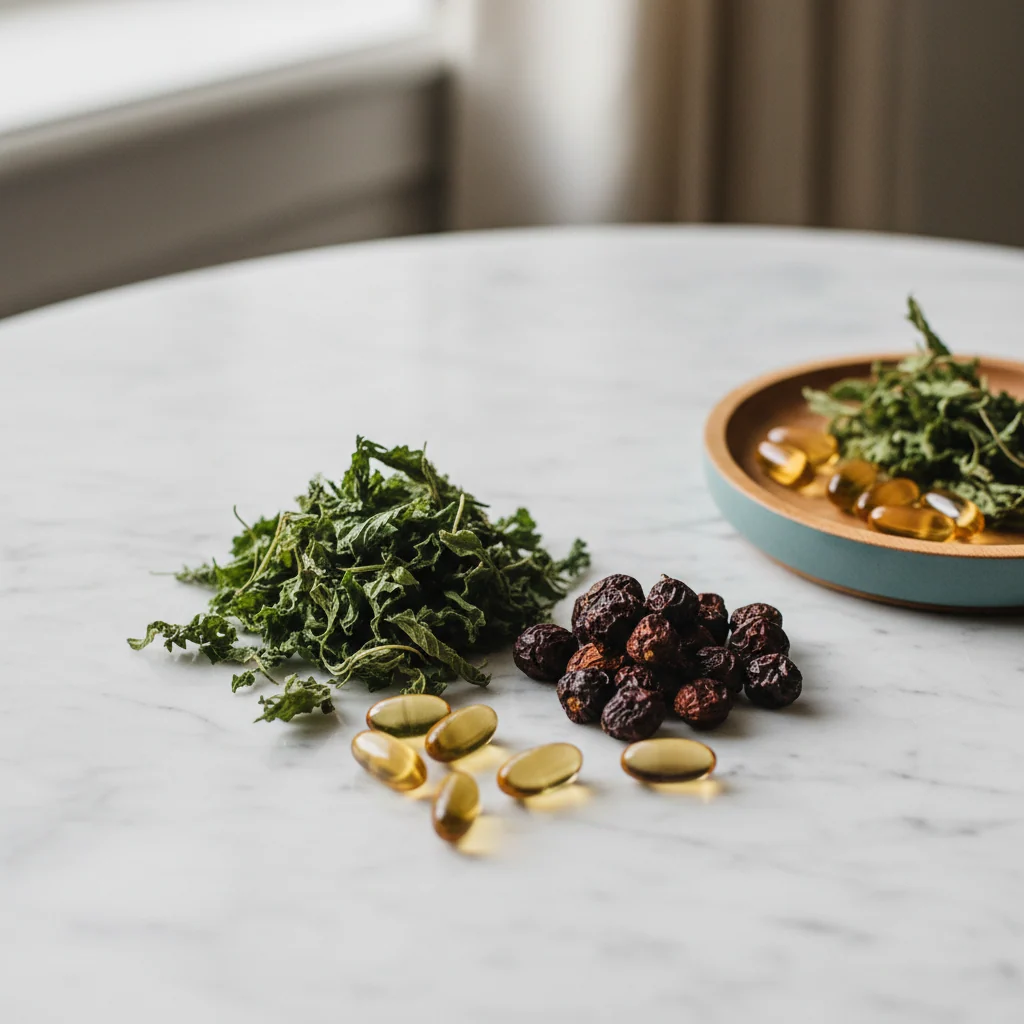 Dried nettle leaves, saw palmetto berries and botanical capsules - plant-based men's wellness supplement ingredients