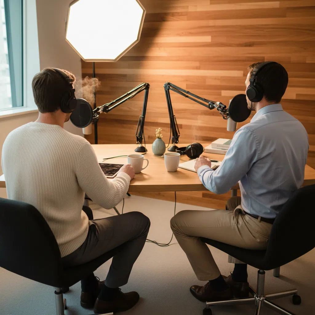 Two anonymous men in a modern podcast studio discussing men's wellness, seated at a desk with microphones, faces not visible