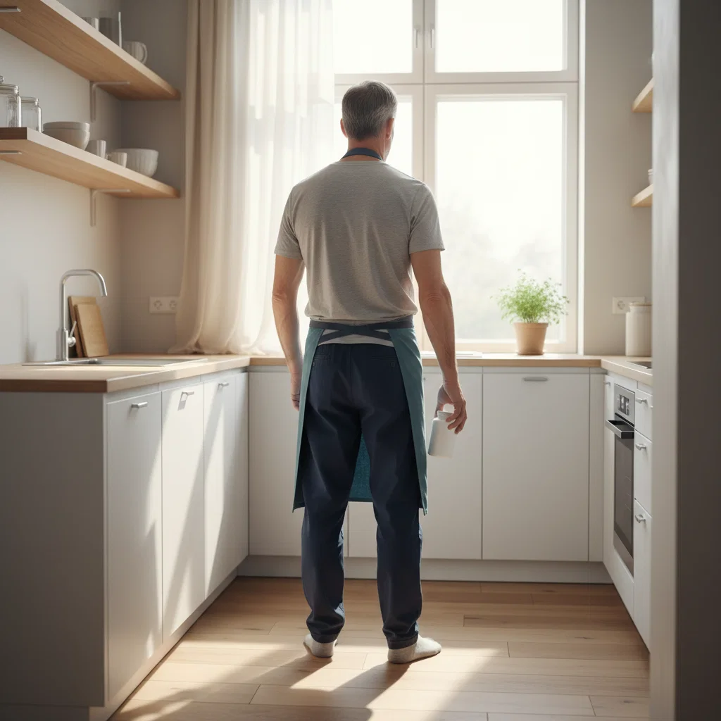 Anonymous man holding a supplement bottle in a bright morning kitchen - daily wellness routine for men over 50
