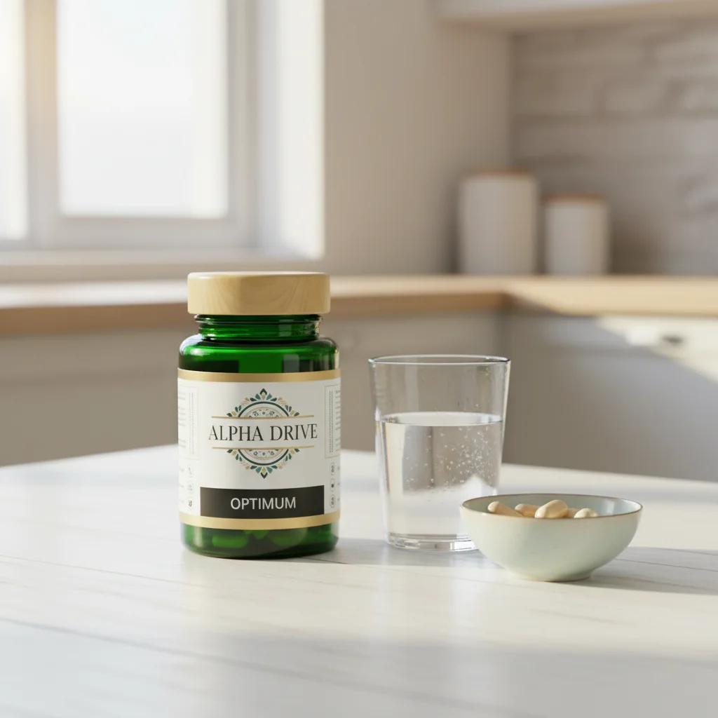 Alpha Drive supplement bottle on a wooden surface with a glass of water - buy Alpha Drive online UK